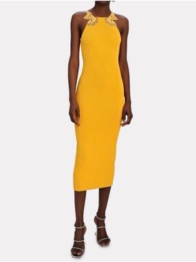 Self-Portrait Canary Yellow Ribbed Knit Bodycon Midi Dress With Lace Size Small